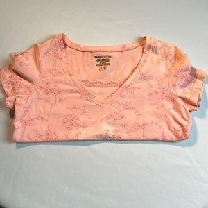 Short sleeved, pink size small T-shirt with a V-neck and Krystal embellishments